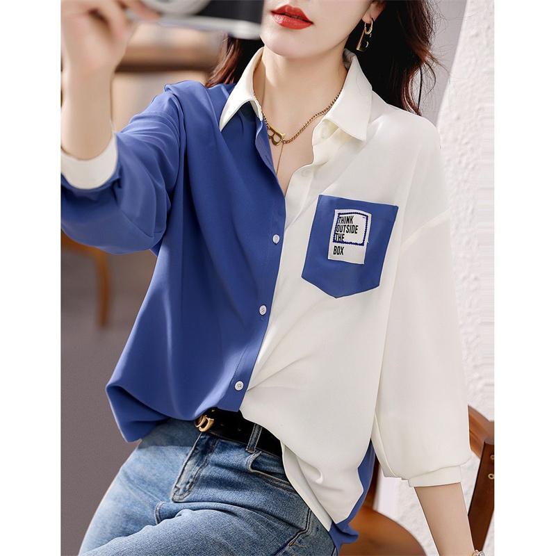 Spring Autumn Women's Color Blocked  Blouses Shirts Lady Casual Long Sleeve Turn-down Collar Patchwork Printed Tops