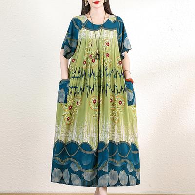 Women's Plus Size Boho Print Maxi Dress, Casual Loose Short Sleeve Summer Dress with Pockets (XL-5XL)