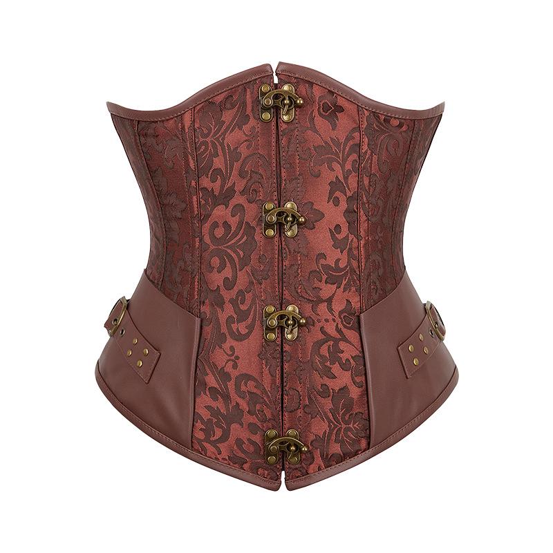 Gothic Black Jacquard Waist Cincher Corset with Leather Trim