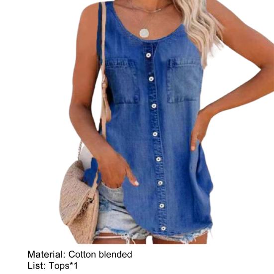 צוואר עגול נשים אפוד צבע אחיד ג'ינס ללא שרוולים כיסים דקים חולצת ג'ינס Streetwear
