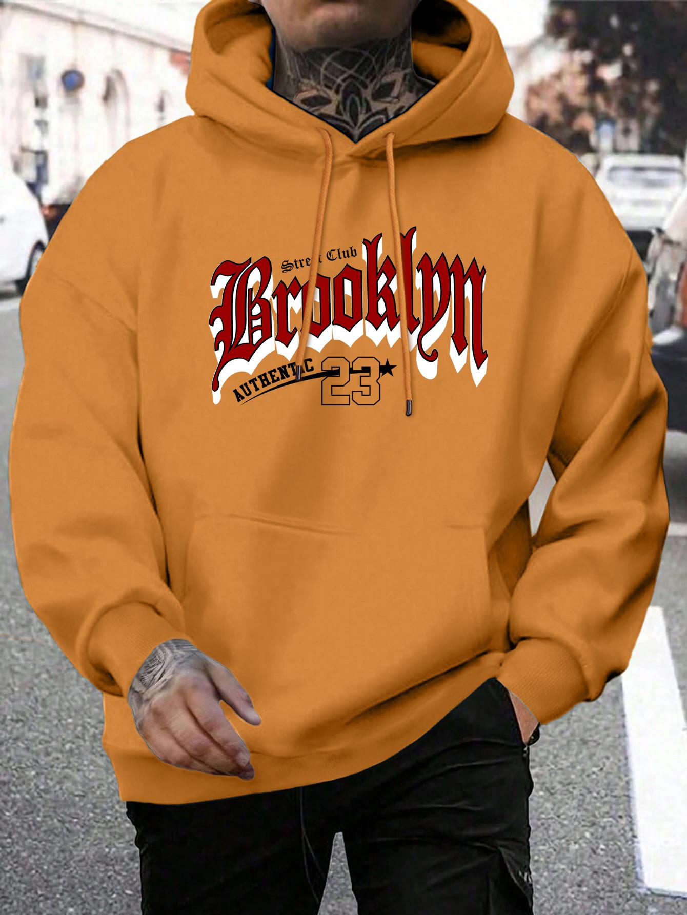 Brooklyn 23 Letter Print Men S Pullover Fashion Warm Hoodie Casual Pocket Man Hooded Autumn Big Size Streetwear 2XL