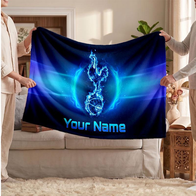 Tottenham Hotspur FC Personalized Fleece Blanket With Football Logo, Custom Name Text Soft Warm Home Throw Blanket