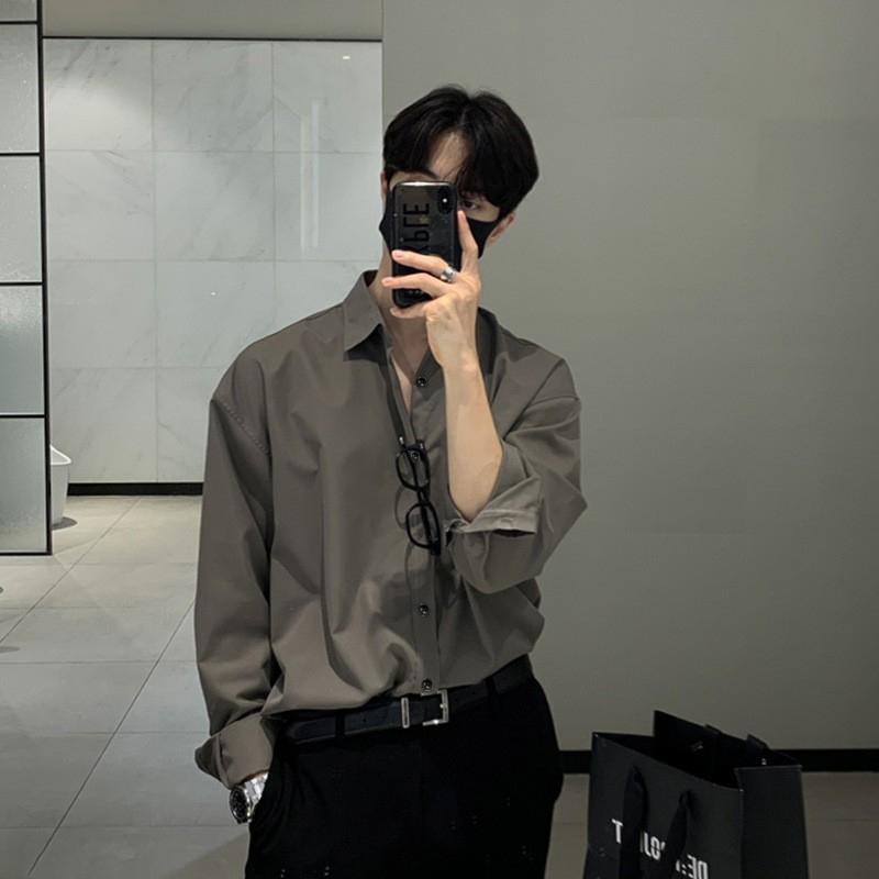 

New Korean Business Men Shirts Light Luxury Slim-fit Solid Color Long Sleeve Cardigans Leisure Breathable Solid Color Basic Tops XS серый
