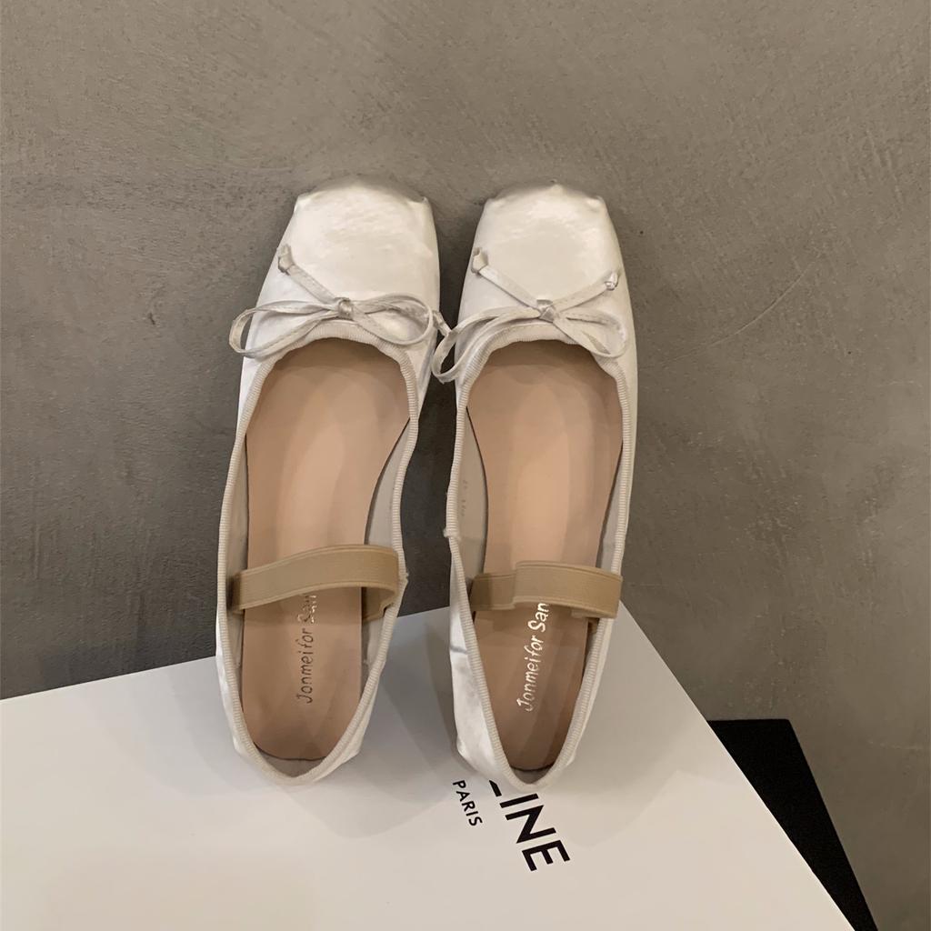 Fashion Bailamos Brand Luxury Satin Silk Ballet Shoes Woman Classic Square Toe Bowtie Elastic Band Ballerina Flats Ladies Soft Loafers M