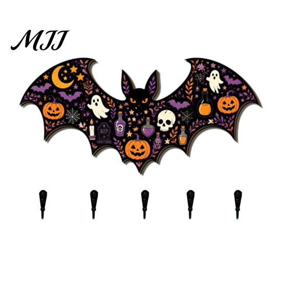Decorative Entryway Key Hanger Halloween Bat Shaped Wooden Hook, 2D Wall Mounted Hanging Decor with Spooky Ornament Pumpkin Ghost Witch Pattern,
