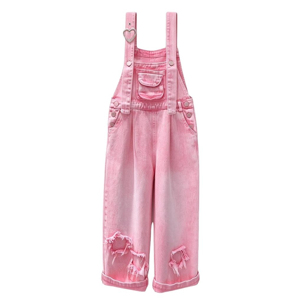 Girls Floral Embroidered Denim Overalls Loose Fit Casual One-Piece Jumpsuit for Everyday Wear