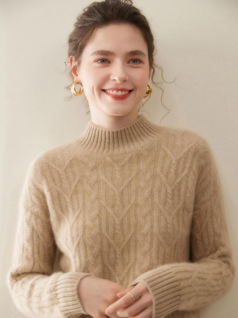 Women's Thickened Half-High Neck Cable Knit Cashmere Sweater - Soft, Versatile Autumn/Winter Pullover