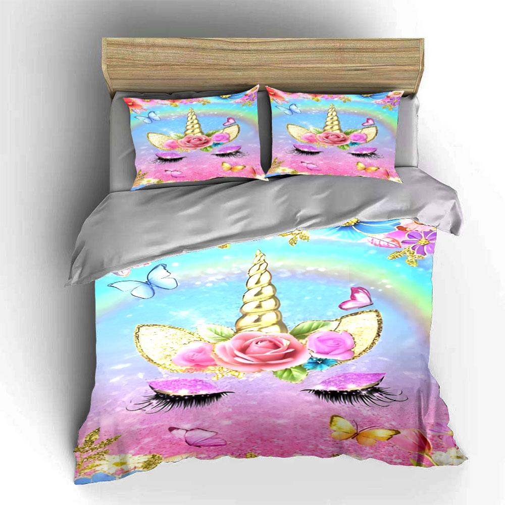 3Pcs Glitter Floral Unicorn Face Duvet Cover Set Rainbow Pastel Girly Bedding Includes 1 Duvet Cover And 2 Pillowcase Gift