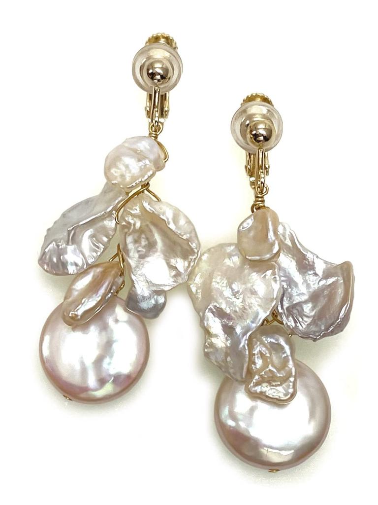 Freshwater Pearl Coin Petal Earrings with Silicone Natural Power Stone A1037 [Cherry] Cover, Stone,