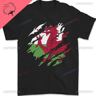 Torn Flag Wales Welsh Dragon Men T-Shirt  Men and Women Graphic Vintage Unique O-neck Short-sleev Hot Sale T Shirt