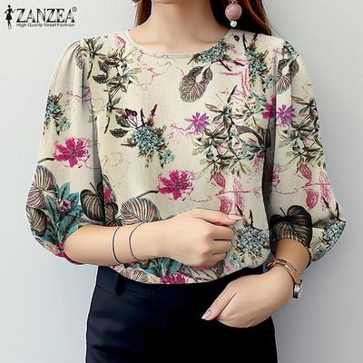 Women Casual Round Neck 3/4 Sleeve Loose Floral Cotton Blouse