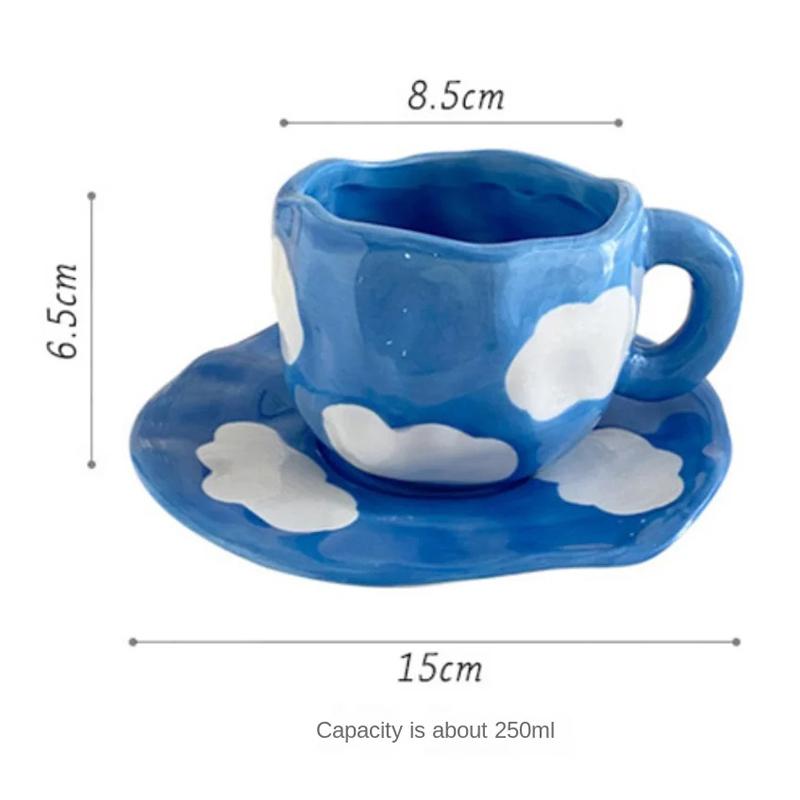 Hand Painted Blue Sky White Clouds Coffee Mug with Saucer Ceramic Handmade Tea Cup Saucer Set Lovely Gift Irregular Coffee Mug