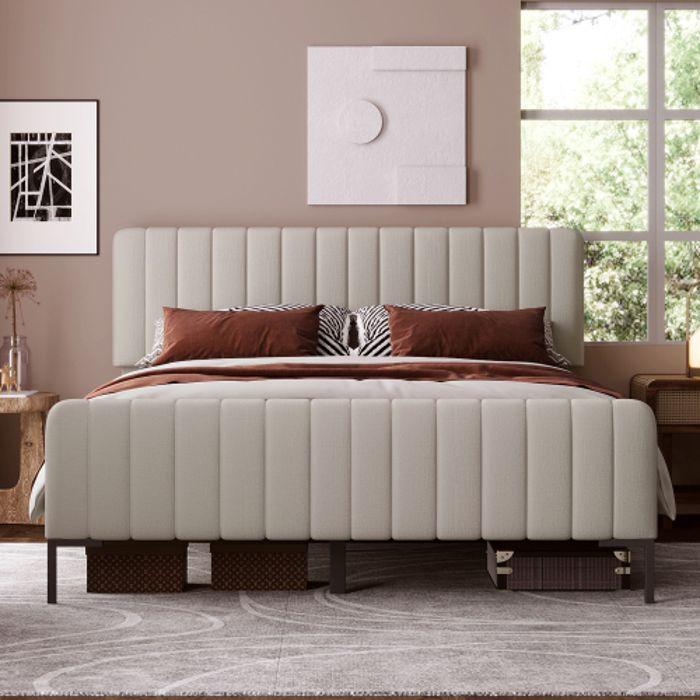 Lit Simple - MUVOE - 140 X 200 Cm - Tête De Lit Réglable - Matelas Inclus - Gris-beige