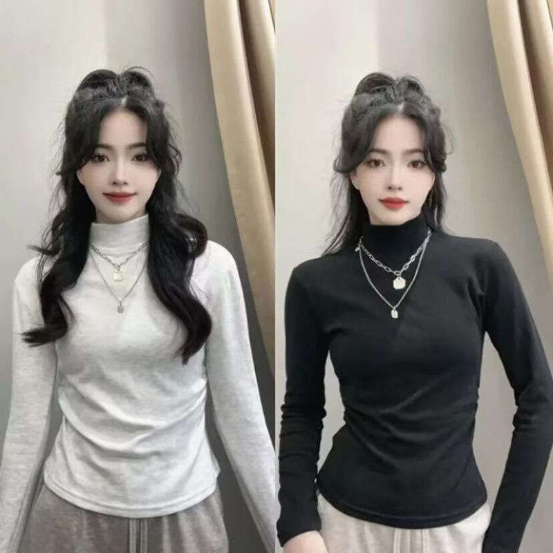 Autumn and Winter Thickened Velvet Half Turtleneck Versatile Bottoming Shirt with Slim Fit Short Warm T-shirt Tight Top