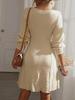 Elegant French V-neck A-line Textured Autumn Dress - Women's Long Sleeve Solid Color