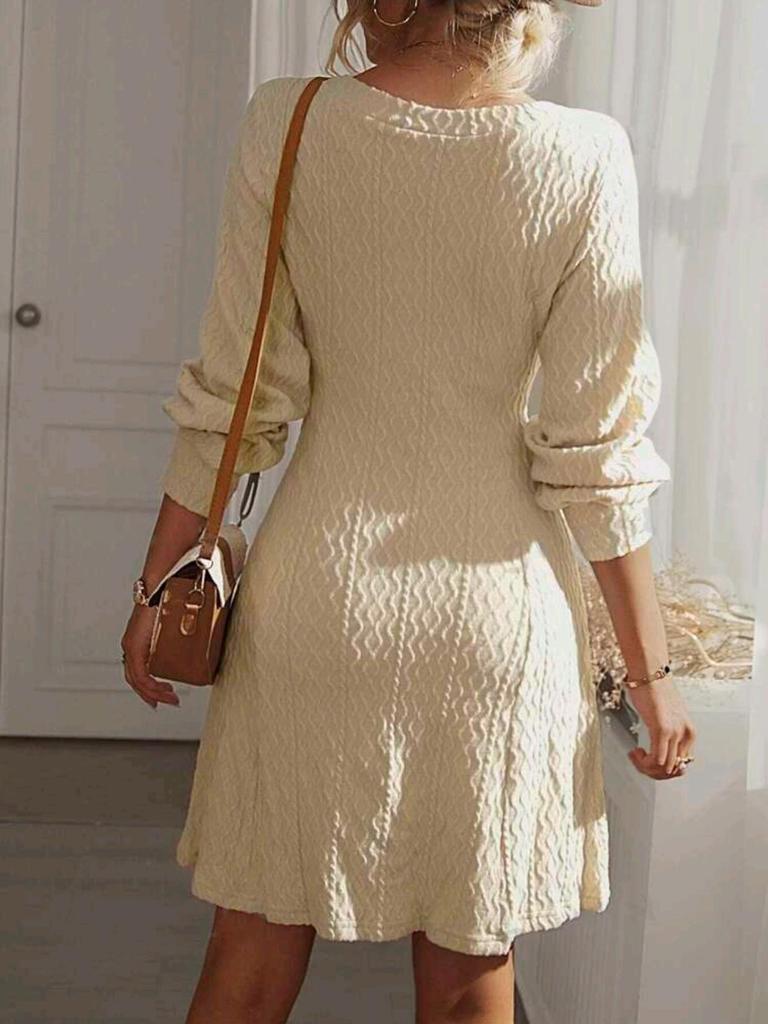 Elegant French V-neck A-line Textured Autumn Dress - Women's Long Sleeve Solid Color