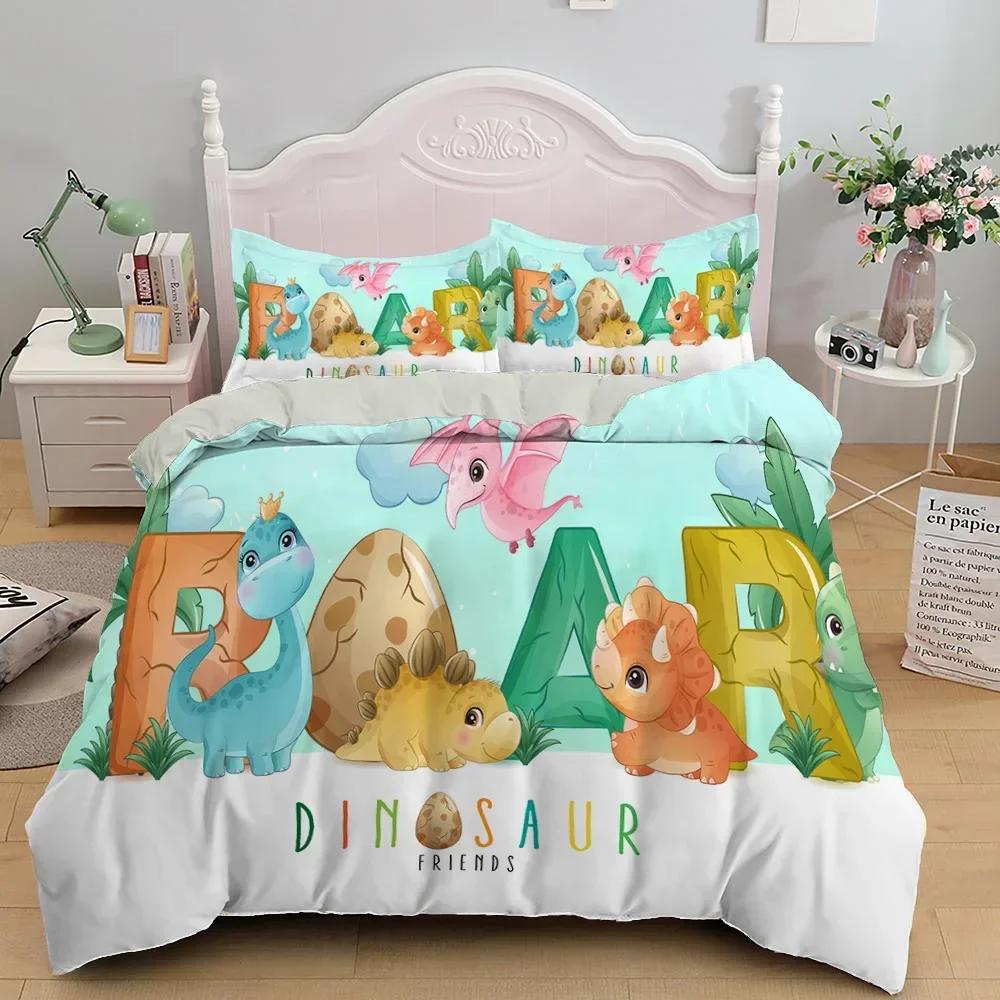 Niedlicher Dinosaurier 3D Cartoon Tier Bequemer Bettbezug Bettdecke Kissenbezug Bettwäscheset Kinder Schlafzimmer Dekoration Heimtextil