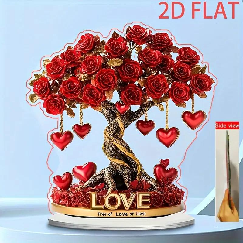Bohemian Style Acrylic Crystal Heart Rose Tree Decoration, Suitable for Halloween and Christmas Ornaments with Golden Base and Red Roses 
