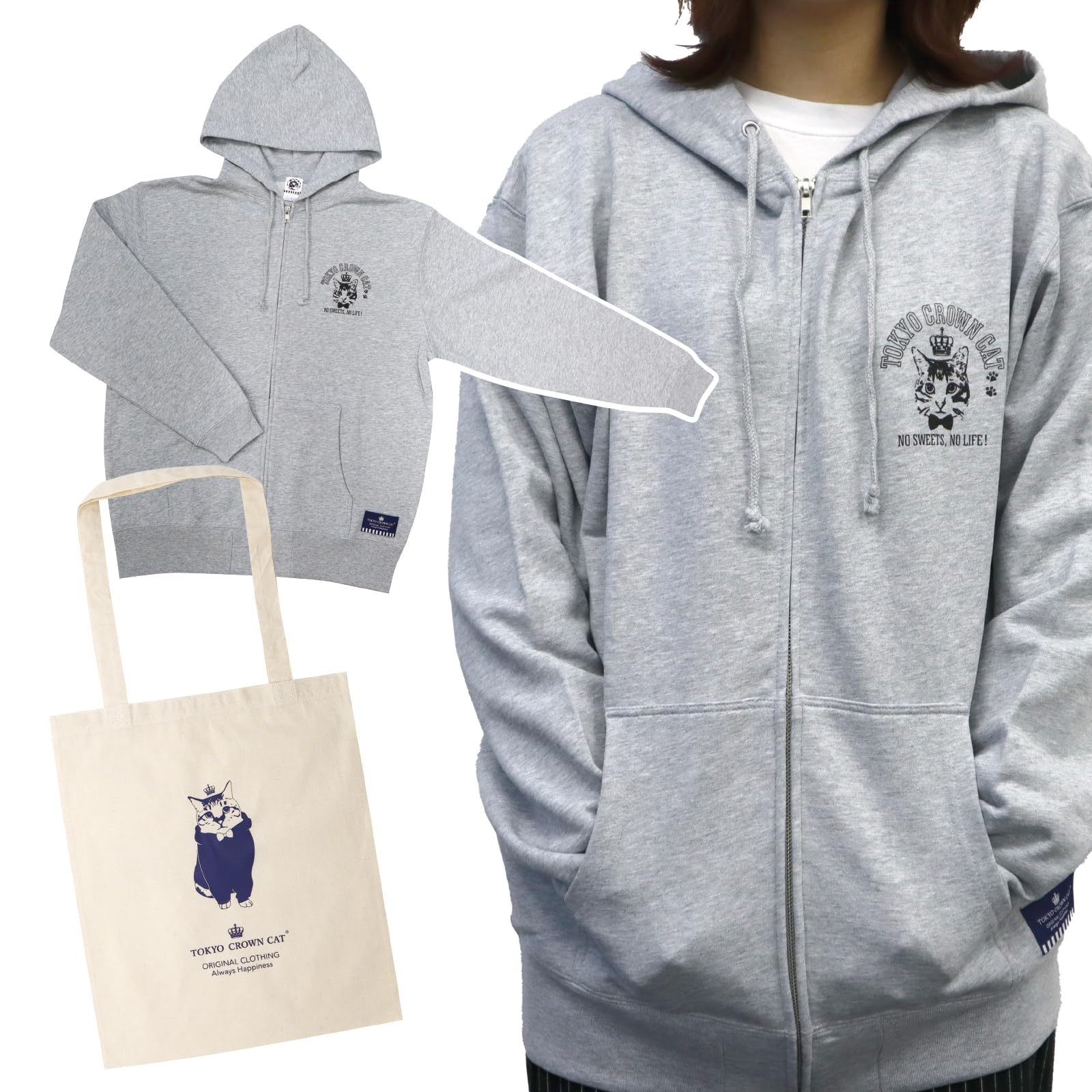 

CROWN Толстовка Tokyo Crown Cat с сумкой-шоппером Подарок на день Одежда Длинные рукава Подарок для любителя кошек Токийский сувенир [ТОКИО КОТ] На молнии Валентина