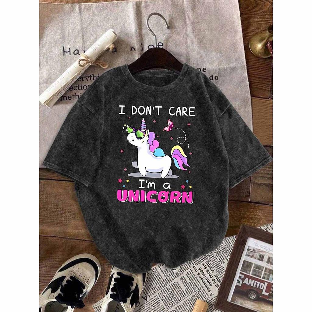 Creative Unicorn Print Vintage Washed T Shirt Short Sleeve Springsummer Unisex S Essential Perfect , Unisex T-Shirt