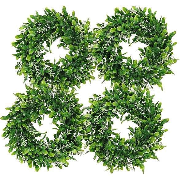 LSKYTOP 2 Pcs Boxwood Wreath with Artificial Wreath Green Leaves Door Wall Window Decoration,11Inch/PC