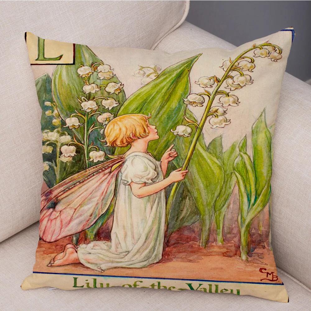 Vintage Floral Girl Pillowcase Decor Cute Cartoon Flower Elf Fairy Tale for Sofa Home Pillow Case Soft Plush Cushion Cover