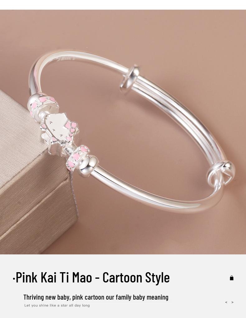 Sterling Silver Cartoon Kitten Bracelet for Girls (Ages 4-15) - Push-Pull Design