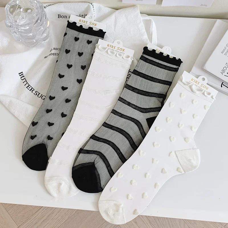 Lolita Invisible Socks Women Girls Summer Silk Lace Socks Crystal Silk Love Heart Ankle Socks Black White Transparent JK Sock