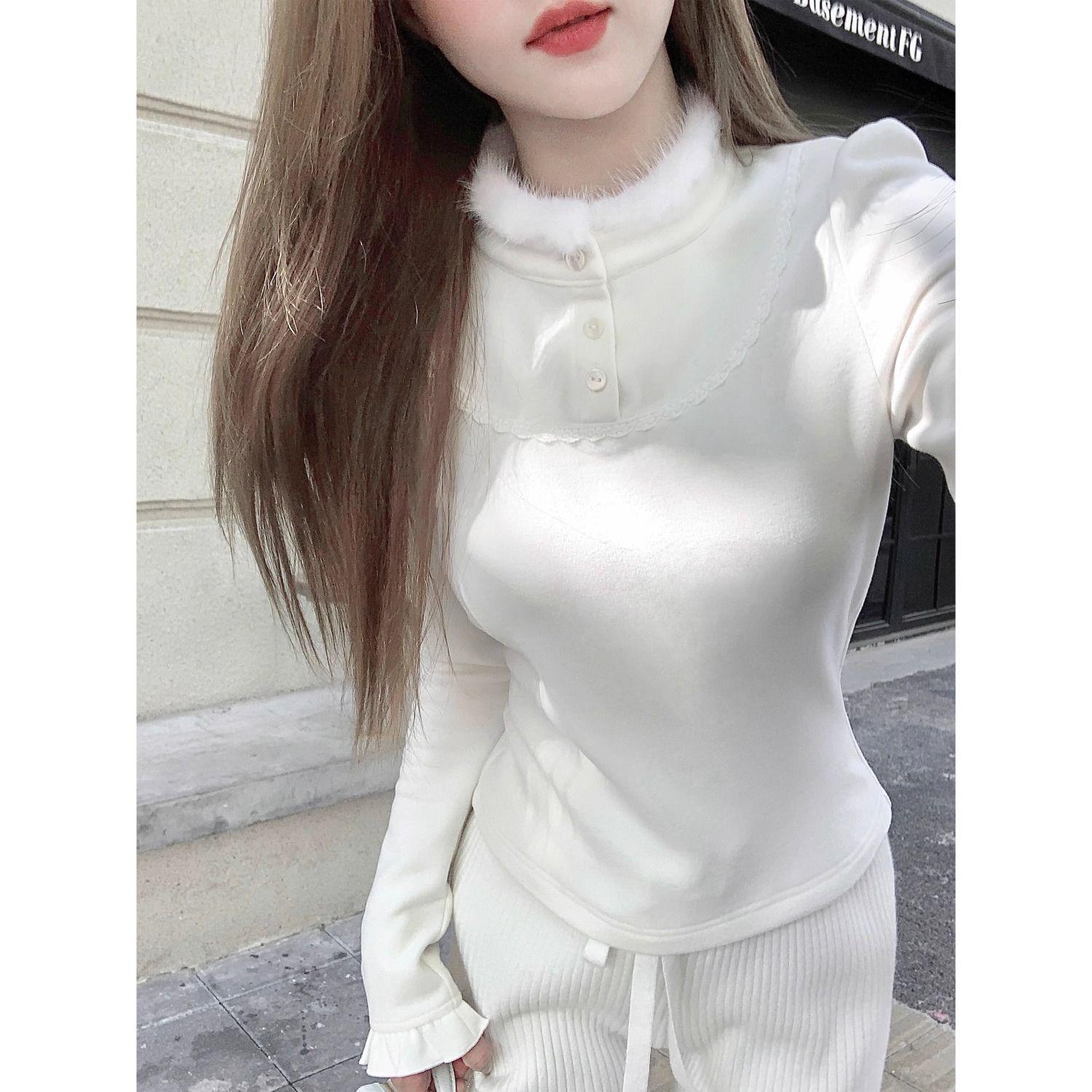 

Chic Korean High Neck Fleece T-Shirt: Warm, Slimming Long Sleeve Top for Autumn/Winter. XL