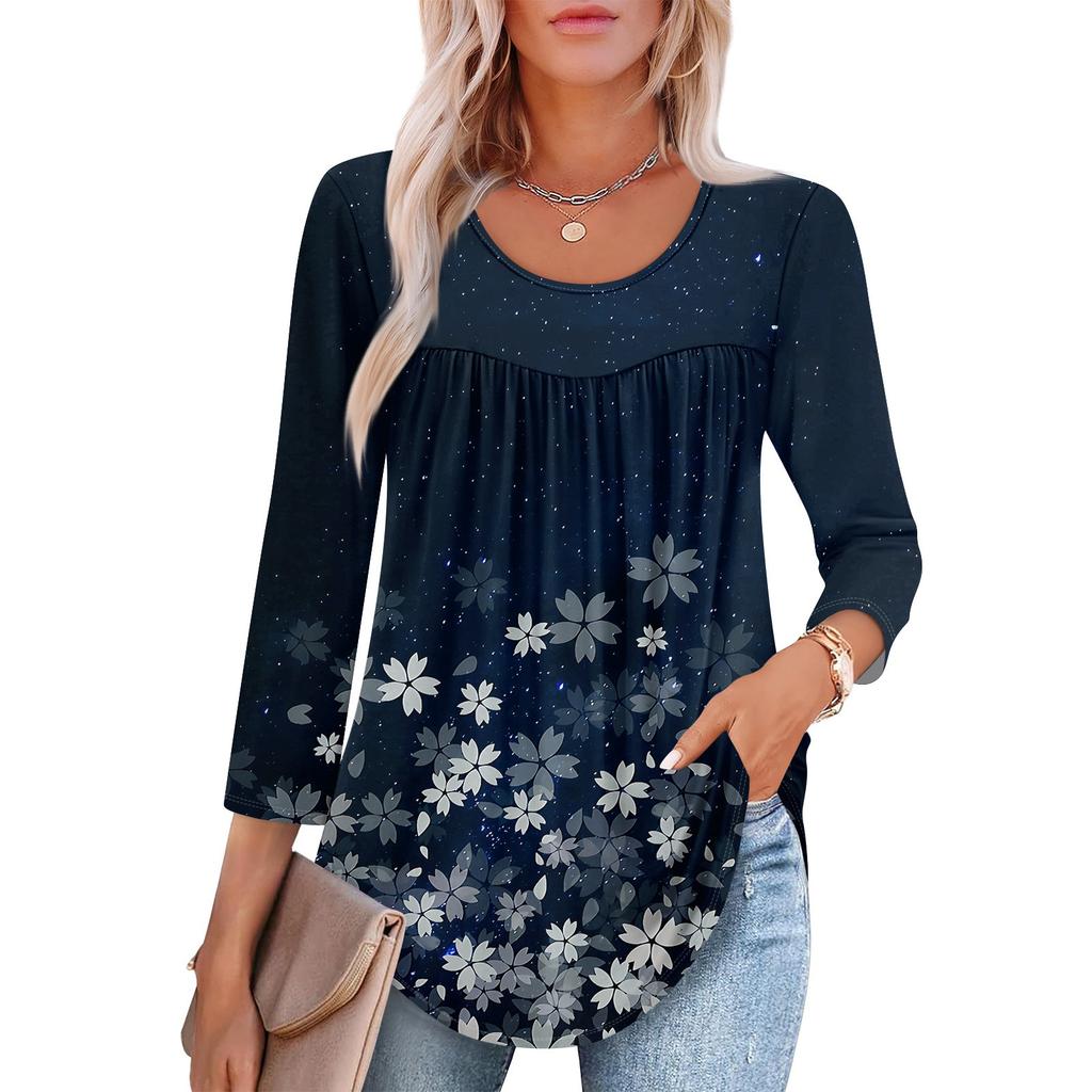 Women's Fashion Seven Sleeve Top Round Neck Pleated Casual Printed Top