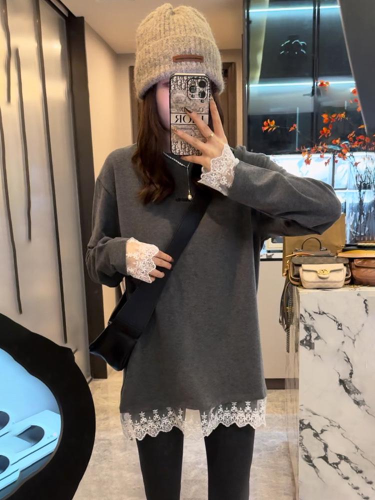 

Женский весенний топ 2025 года средней длины с длинным рукавом и кружевной отделкой M серый