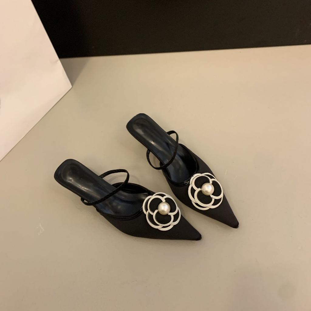 Xiaoxiangfeng thin heel bag head half slippers summer and autumn outer wear with skirt pointed head low heel single shoes women's shoes