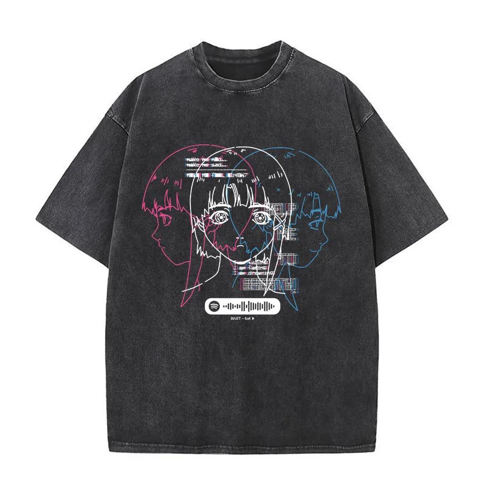 Washed Vintage Anime Serial Experiments Lain Face Graphic Tshirt Manga Girl Sci Fi Yk T Shirt Men Women Cotton Retro Tshirts