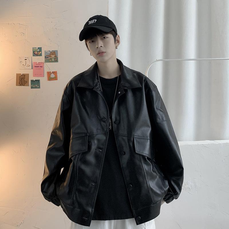 PU Leather Jacket for Men Spring New Korean Style Trendy Loose and Handsome Leather Jacket Hong Kong Style Clothes Youth Jacket