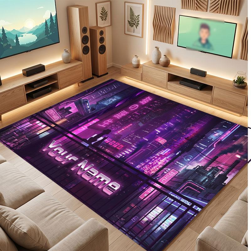 City Cyberpunk Theme Crystal Velvet Floor Rug Personalized Custom Name Text Warm Carpet Home Decoration