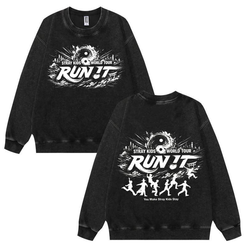 Washed Stray Kids World Tour Run It Skz Graphic Crewneck Sweatshirt Teens