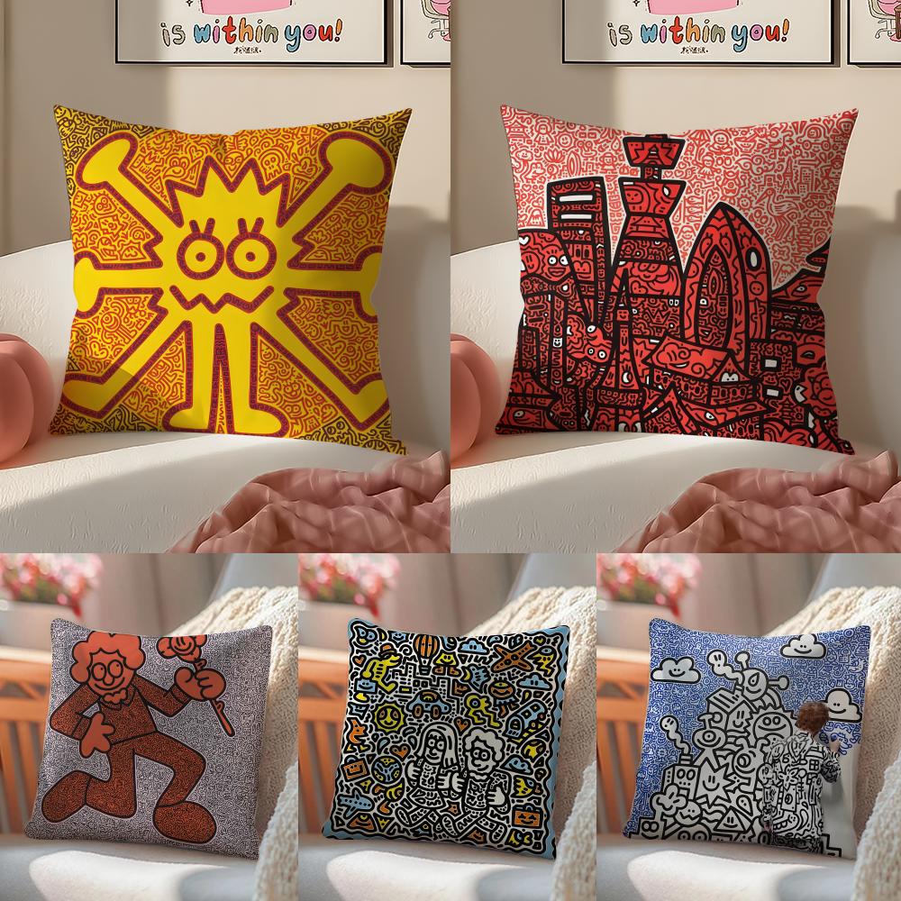 Famous Genius Graffiti Art Mr Doodle Pillow Case Double-Sided Plush Sofa Cushion Covers Organic Breathable Invisible Zipper