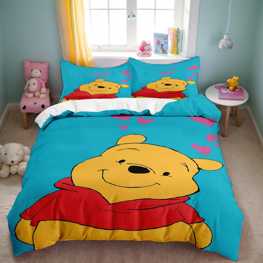 Cartoon Winnie Pooh Bear Tiger Bedding Sets Set,Anime Duvet Cover Bed Comforter Set Bedding Set Birthday Gift for Kid Boys Girls