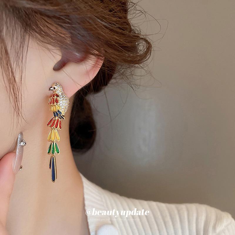 Real Gold Electroplated Silver Needle Colored Zircon Long Parrot Earrings Medieval Court Style Earrings Literary and Artistic Fan French Earrings