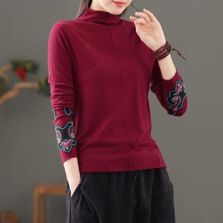 Women's Embroidered T-shirt Loose FlockingThickened Semi-turtleneck T-shirt Autumn Winter Warm Pullover