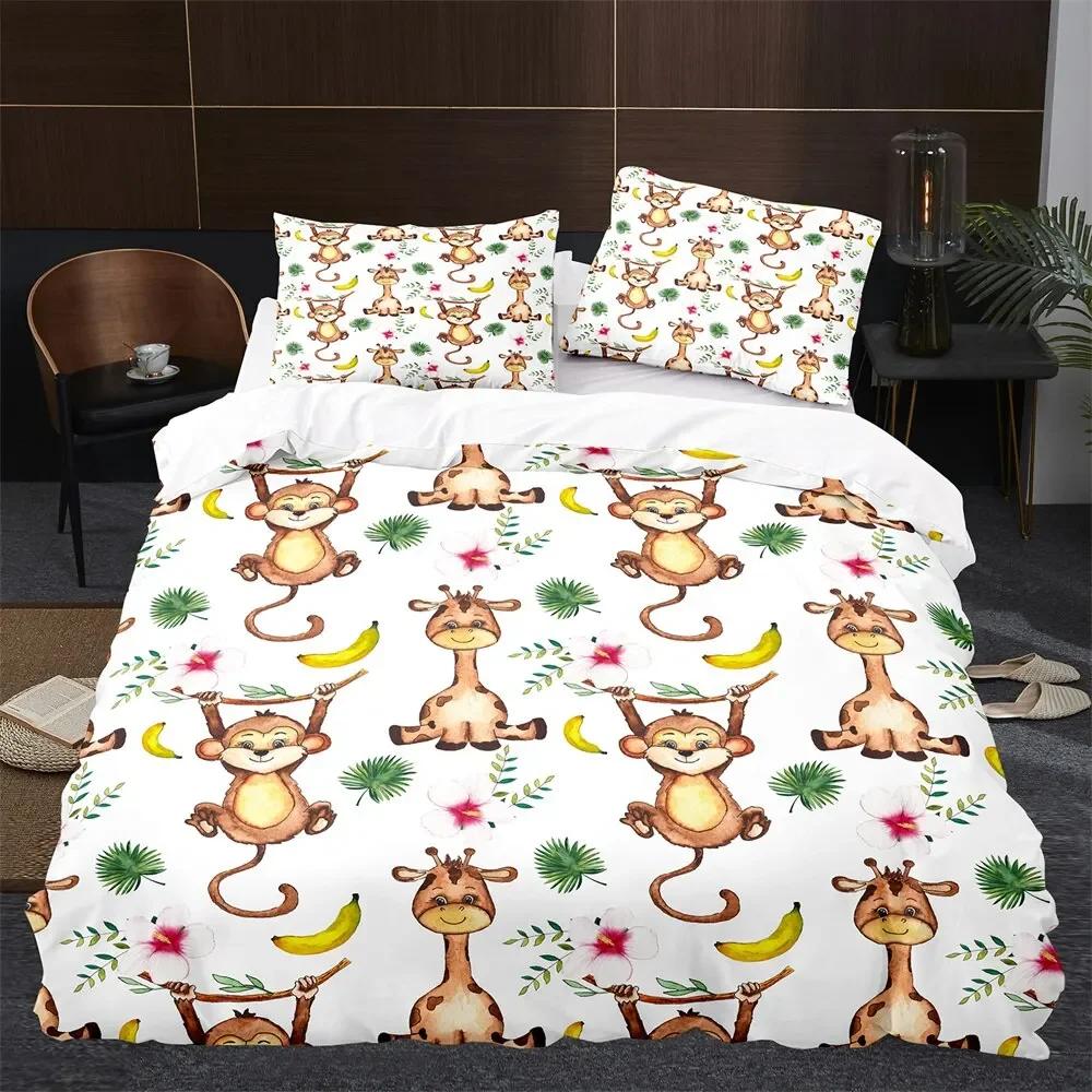 Affe Bettbezug King Queen Lieblich Cartoon Tier Bettwäsche Set für Kinder Junge Mädchen Grün Dschungel Baum 2/3tlg. Polyester Steppdeckenbezug