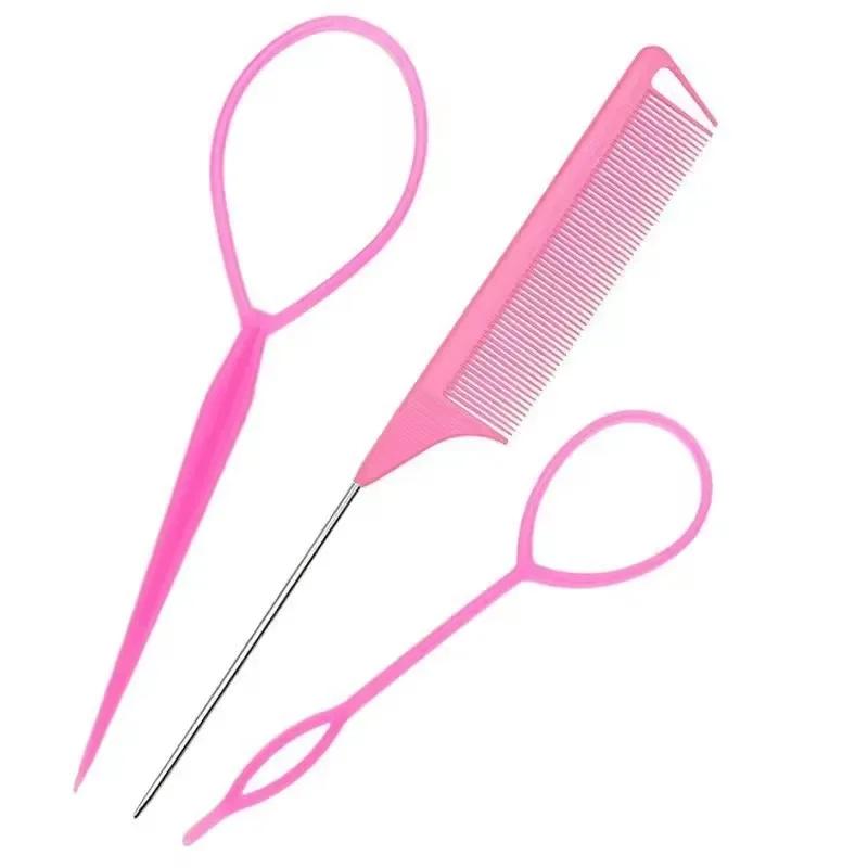 3/4Pieces Pink Hair Styling Set Rubber Band Cutter Mouse Tail Comb Hair Styling Tools Hair Braid Accessories Ponytail Maker Kits