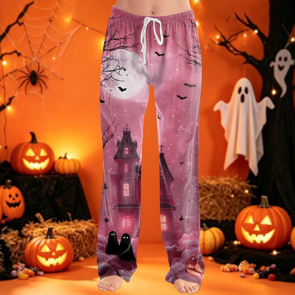 Women's Pants with Drawstring and Halloween Print for Casual Sleepwear