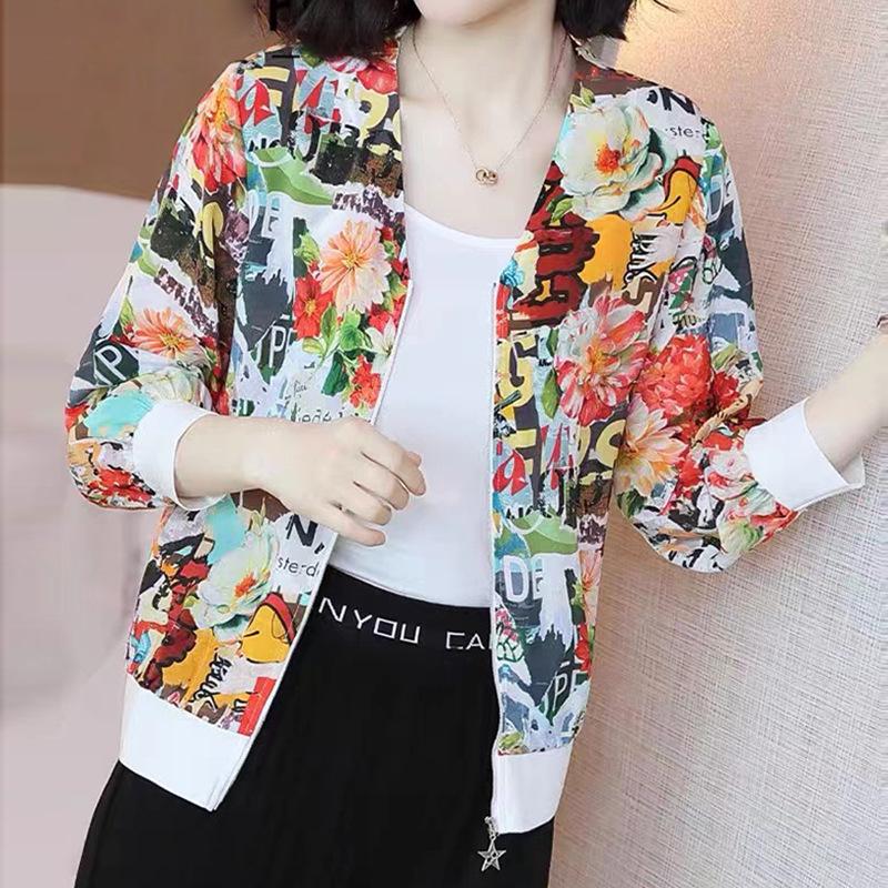 Women s Lightweight Chiffon Baseball Jacket - Spring/Summer Sun Protection, Fashion Print Cardigan Top M