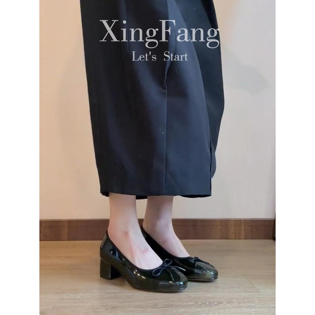 Cowhide Version~ Leather Bow Light Mouth Single Shoes Women's New Retro Green Round Head One-pedal Temperament High Heels