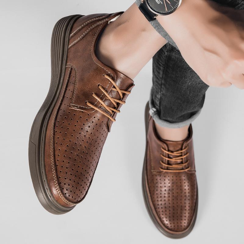 Fashion 2025 Brand Men's Summer Perforated Breathable Oxford Shoes High-quality Men's Comfortable Cowhide Height Increasing Casual Shoes