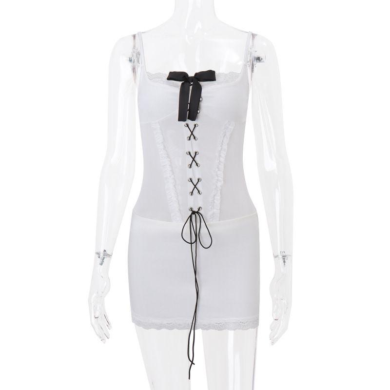 

Western Style New Fashion Design Sense Bow Straps Lace Stitching Short dress Sexy Backless Sling Dress White L