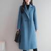 Women Autumn Winter Solid Color Woolen Coat Lapel Long Sleeve Two Buttons Pockets Mid-length Woolen Cardigan Outwear