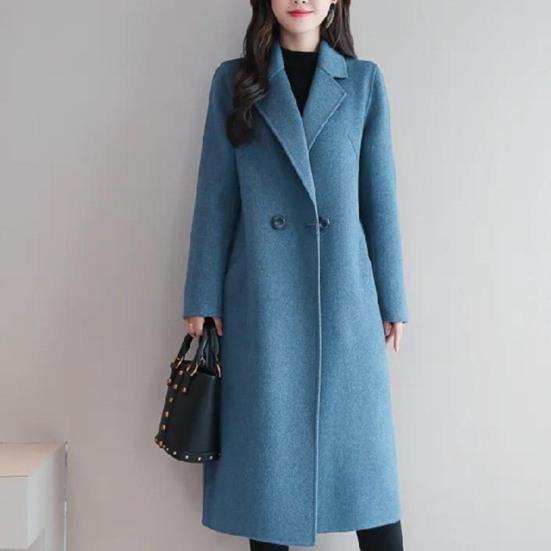 Women Autumn Winter Solid Color Woolen Coat Lapel Long Sleeve Two Buttons Pockets Mid-length Woolen Cardigan Outwear
