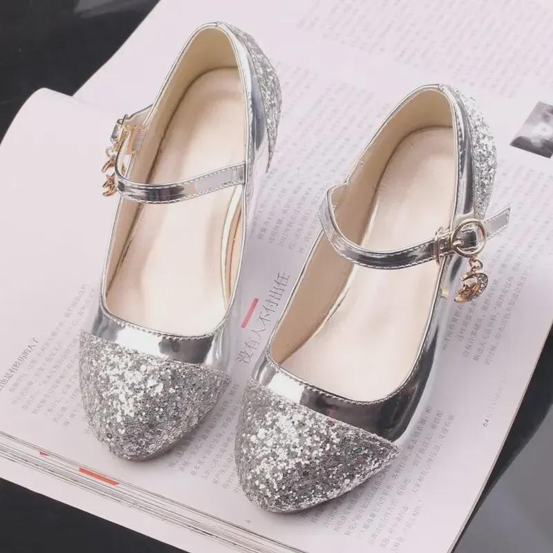 Frozen Silver Korean High Heel Princess Shoes for Girls - Leather Elsa Dance Shoes